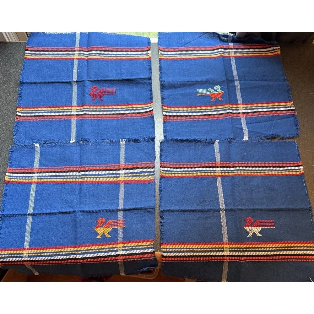 VTG 1970's Guatemalan Woven Set Of 2 Placemats 4 Napkins Embroidered Birds blue